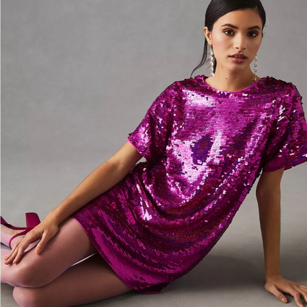 Anthropologie Fuschia Pink Sequin Shift Dress